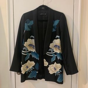 Zara Blue and White Floral Satin Blazer and Belt